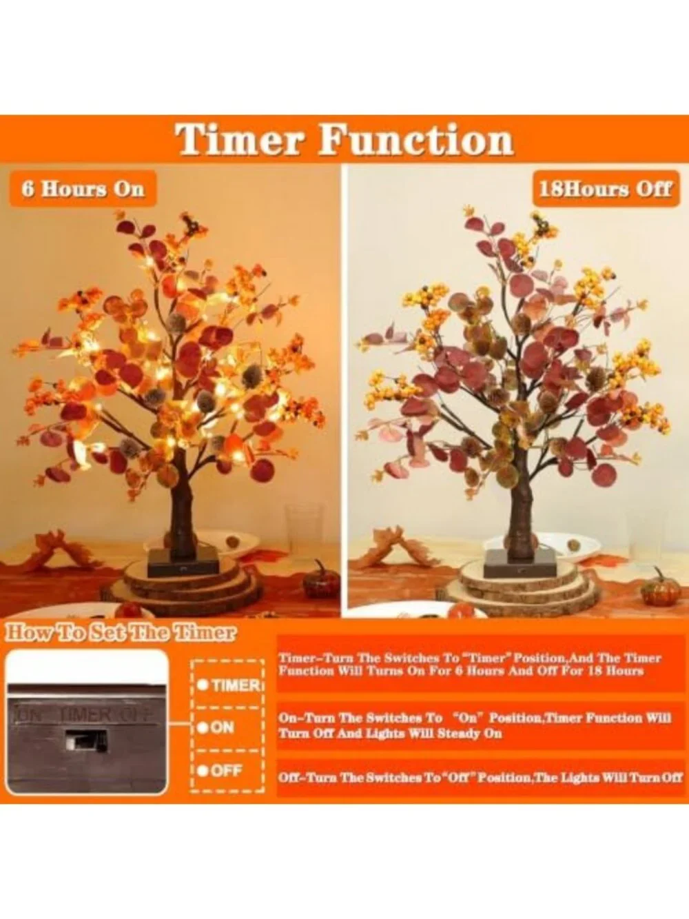 Prelit Fall Trees 18 Inch Tabletop Decor - 2 Pack with 48 LED Timer Lights